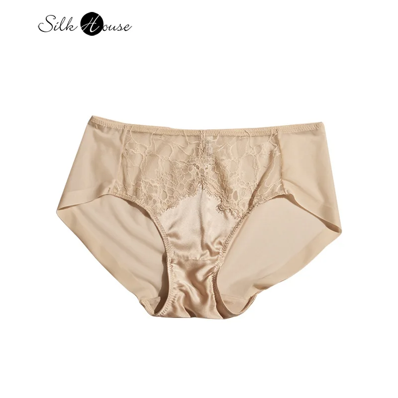 

Natural Mulberry Silk Sexy Triangle Pants Pure Desire Silk Crotch Seamless Lace Patchwork Mesh Mid Waist Women's Underwear