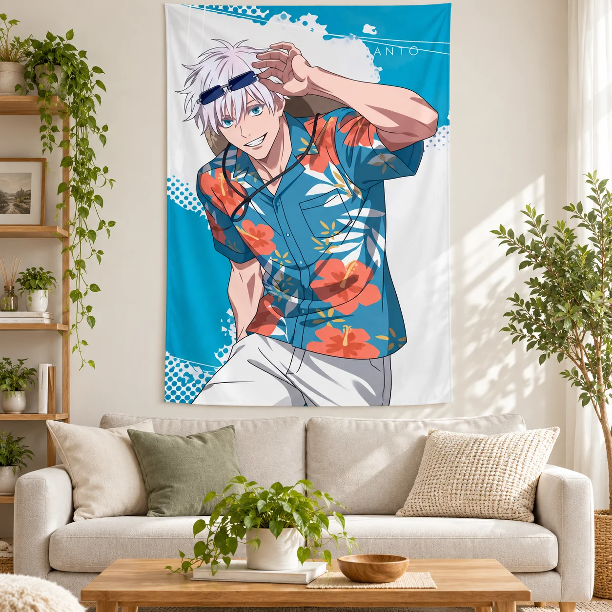 Anime Silver Hair Young Man Tapestry Summer Hawaiian Shirt Wall Hanging Aesthetic Manga Art Wall Tapestry for Bedroom Dorm Decor