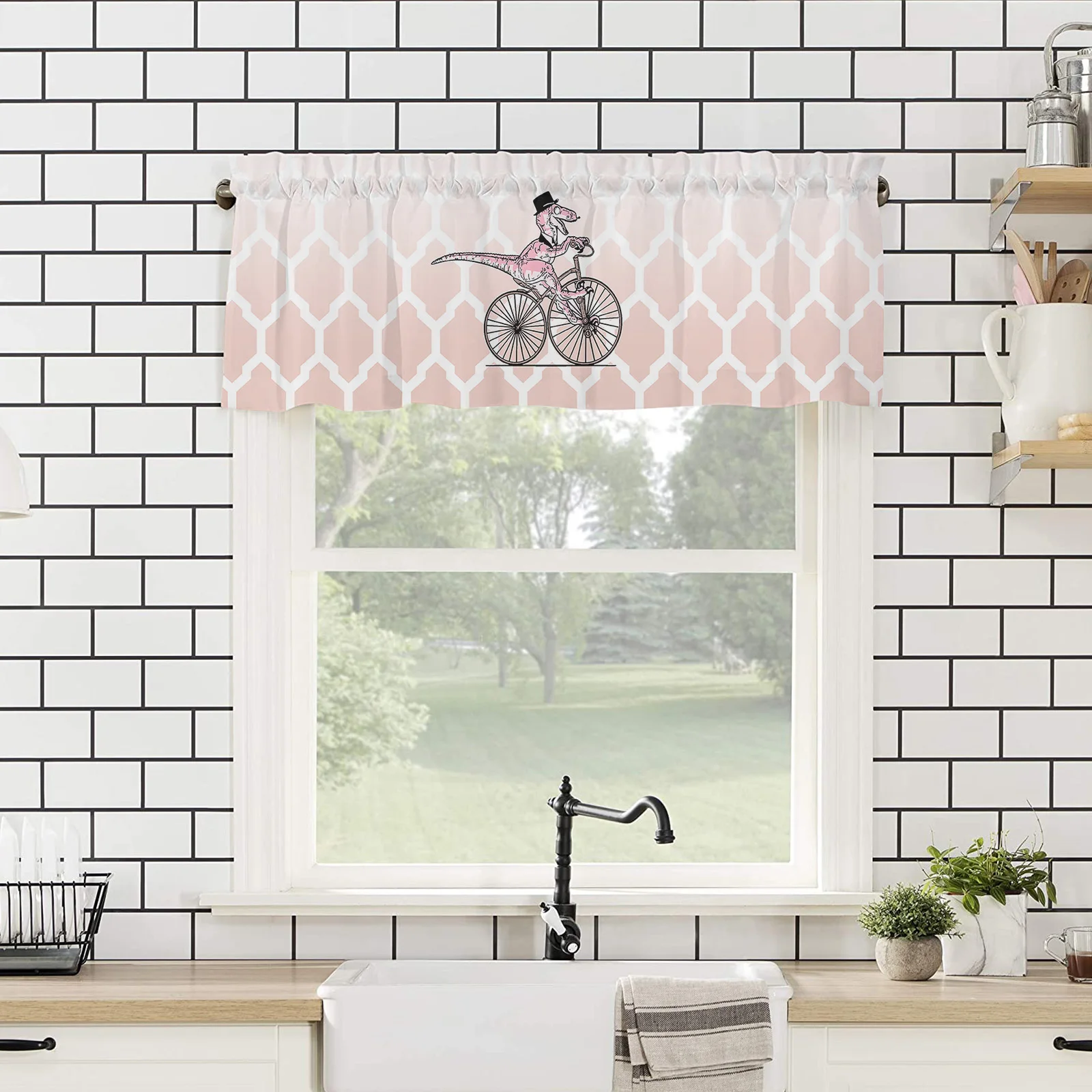 ZEDLIYU Valances for Windows Kitchen Living Room Small Window Valance Morocco Ombre Geometry Cute Dinosaur Riding Bike 1 Panel