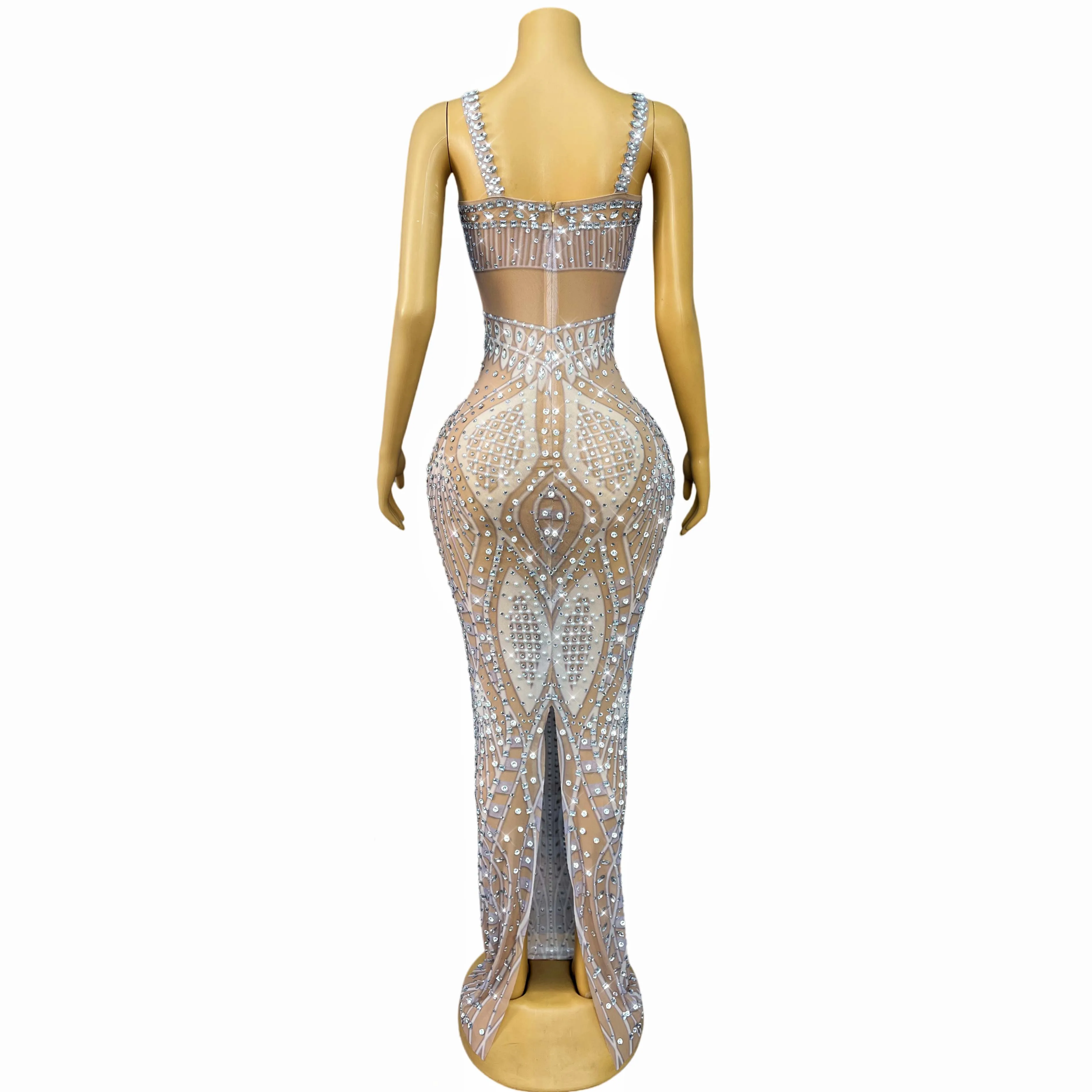 Luxury Fashion Gown Sparkly Rhinestones Sexy Nude Mesh Suspenders Dress Women Evening Party Red carpet Elegant Outfit Bailu