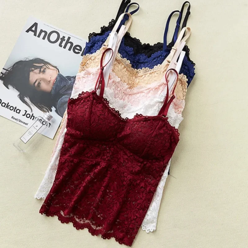 Lace Bra Women Tops Floral Lace Tanks Top Sexy Lingerie Bralette Wirefree Underwear Adjust Strap Removable Pads Camisoles