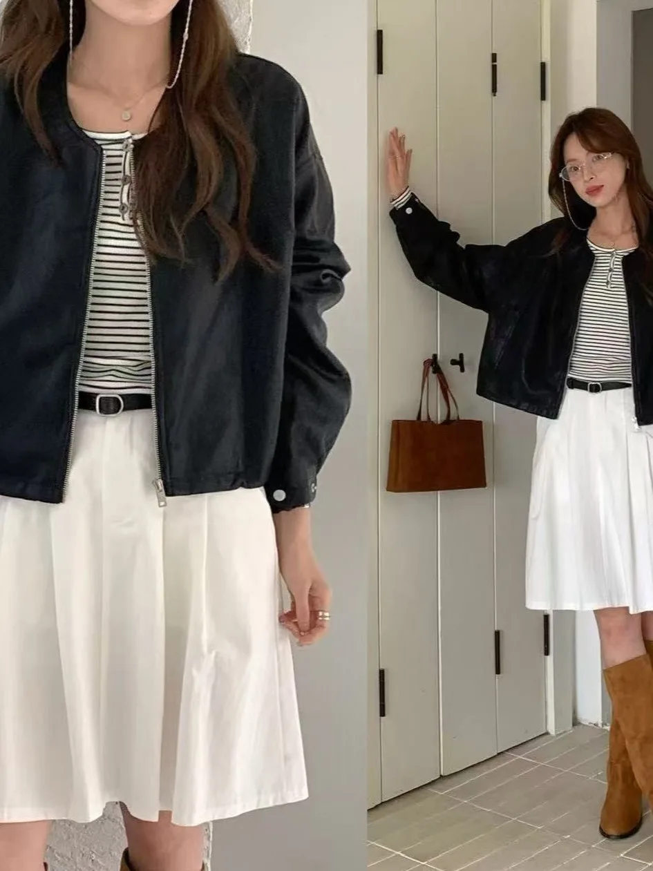 Retro Chic ort Leather Jaet Women's Autumn Winter round Ne Casual Versatile Hong Kong Sle Quali Faion Outerwear