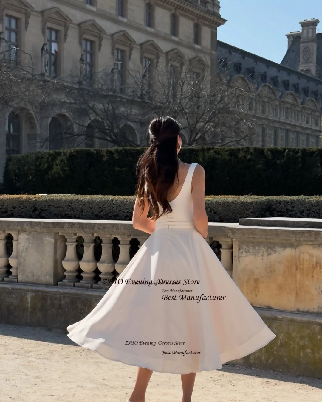 ZHIO Simple Ivory Satin Evening Gown Pleats A Line Tea-Length Party Dress Spaghetti Straps Prom Gown for Women Customized