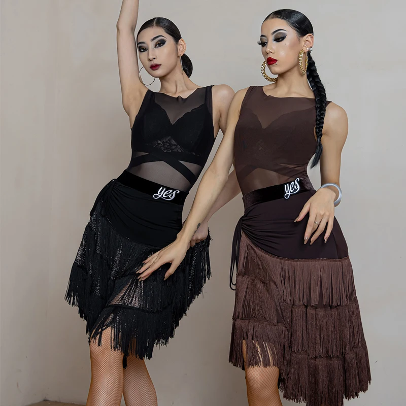 2023 Sexy Latin Dance Clothing Sleevelss Mesh Top Fringed Skirts Women Latin Dance Costumes Stage Performance Wear DWY9564