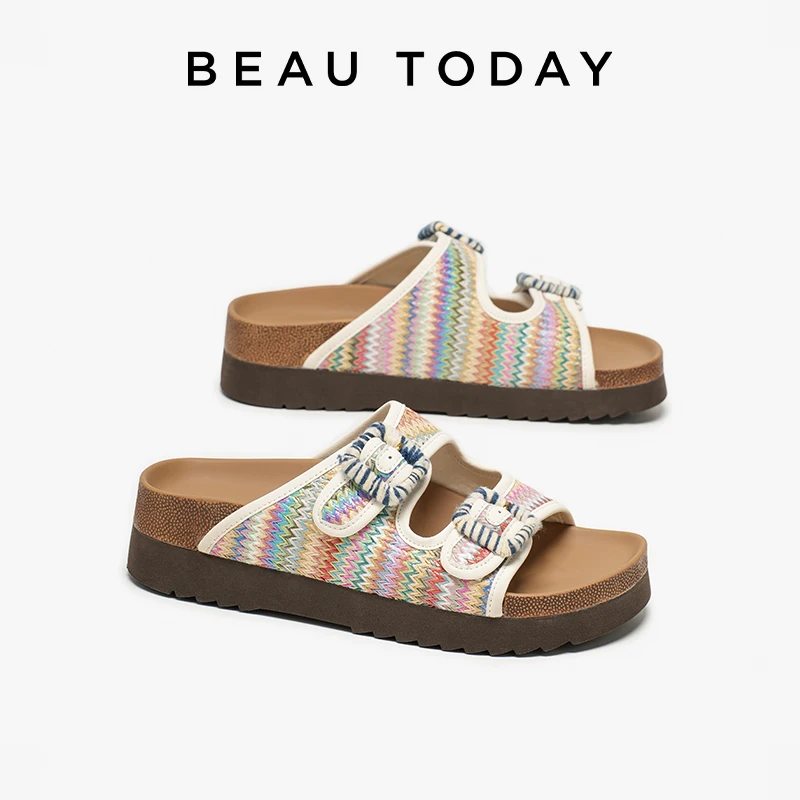 

BEAUTODAY Flat Slippers Women Straw Metal Buckle Sandals Mixed Color Bohemian Female Outdoor Beach Shoes Handmade 34154