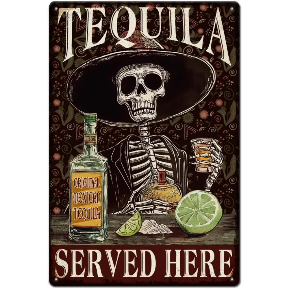 Vintage Tin Sign Skull Tequila Served Here Wall Retro Metal Signs Art Plaque Poster for Kitchen Bar Club Restaurant Cafe