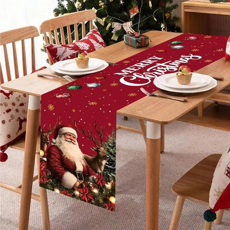 VIKAMA Christmas Table Runner Santa Reindeer Snowflake Bauble Xmas Runner Holiday Dining Table Home Decor