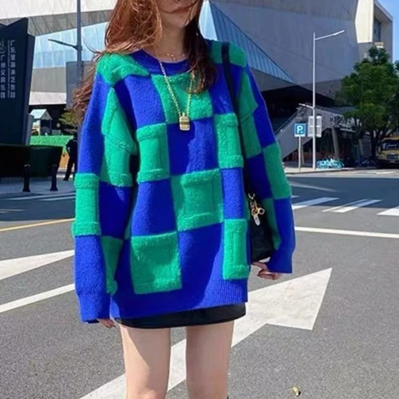 

Plaid Color Blocked Female Knitted Sweater Winter Casual Loose Clothes Long Sleeved Pullover O-neck Top Women's Thick Sweaters