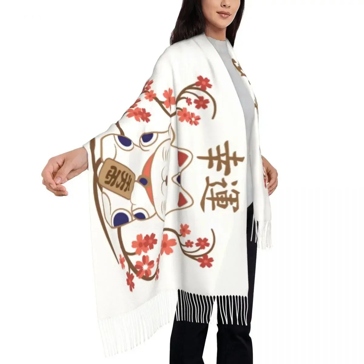 Custom Print Maneki Neko Cat With Good Luck Kanji Scarf Women Men Winter Warm Scarves Shawls Wraps