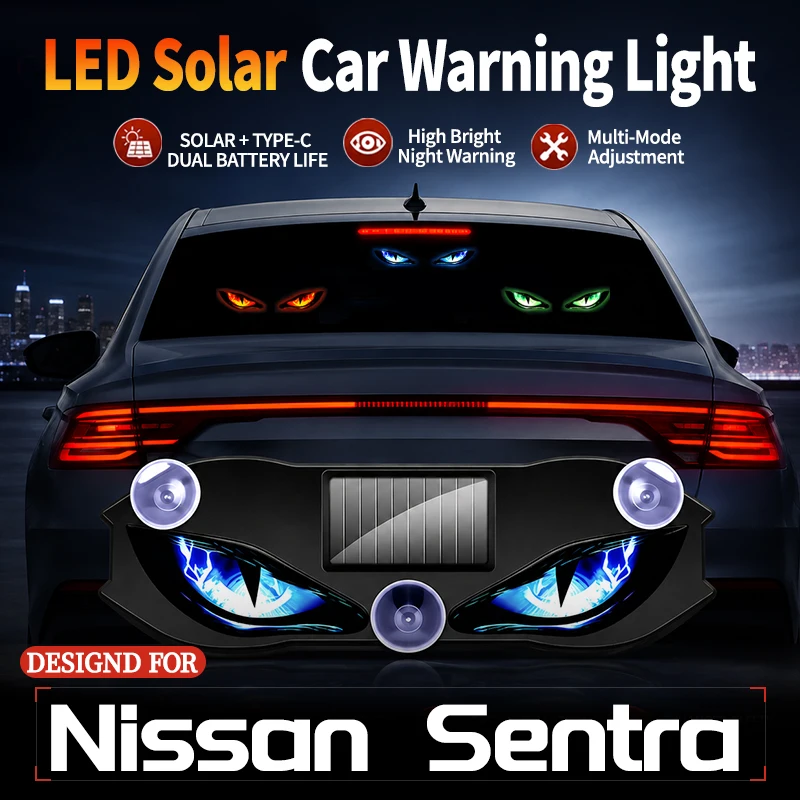 Fits For Nissan Sentra Car LED Solar Devil Eye Warning Flash Light Triangle Dynamic Wireless Window Strobe Decorative Light