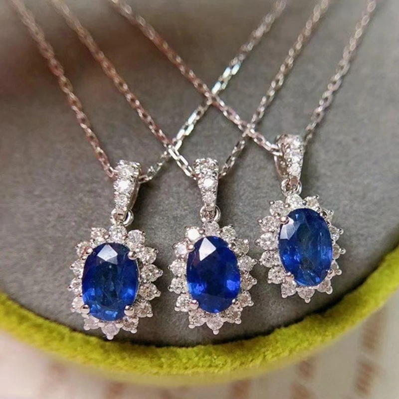 Exquisite Oval Cut Royal Blue Crystal Stone Pendant Necklace For Women Banquet Party Jewelry Anniversary Gift