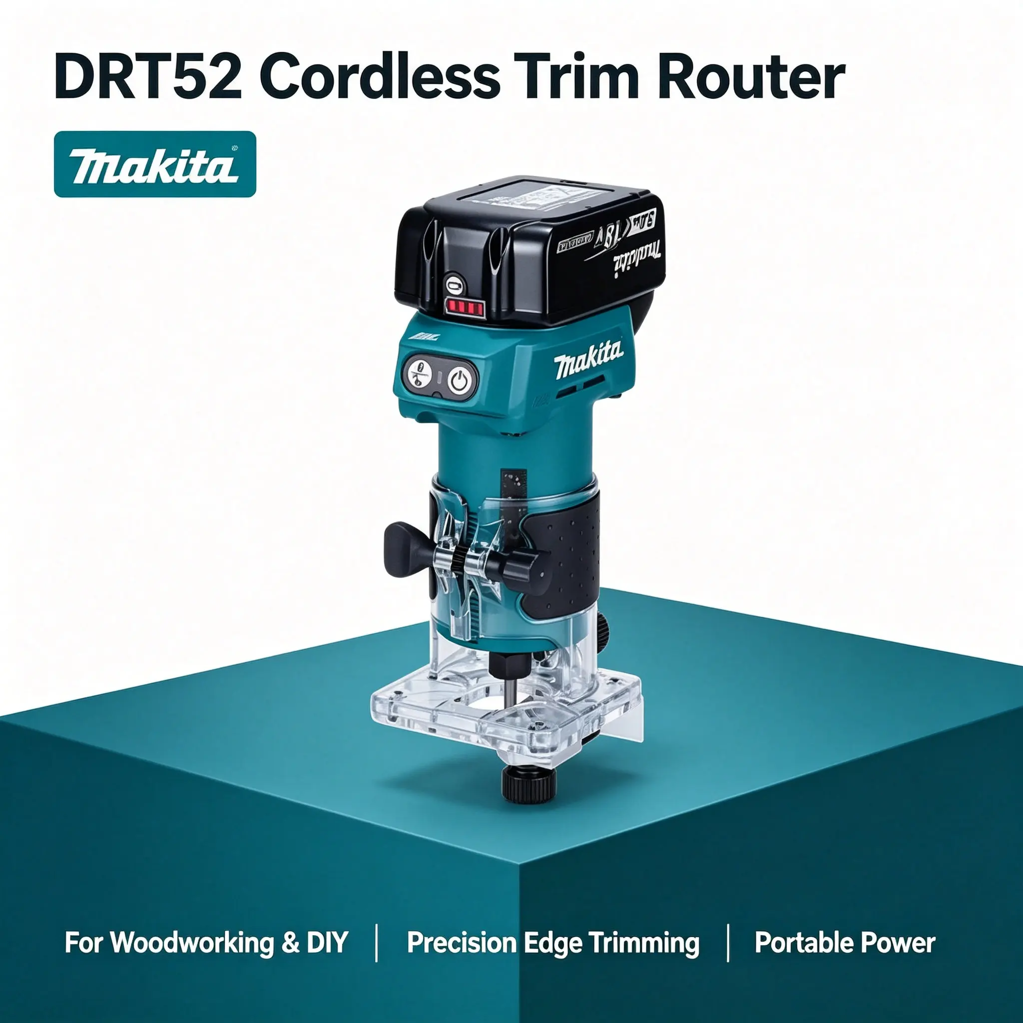 Makita DRT52 Routeur sans fil compact rechargeable 18V LXT, outil de fraisage à main optimisé pour des travaux précis et polyvalents tels que le profilage des bords, le rainurage, le rainurage de fentes et la fabrication de joints de meubles.