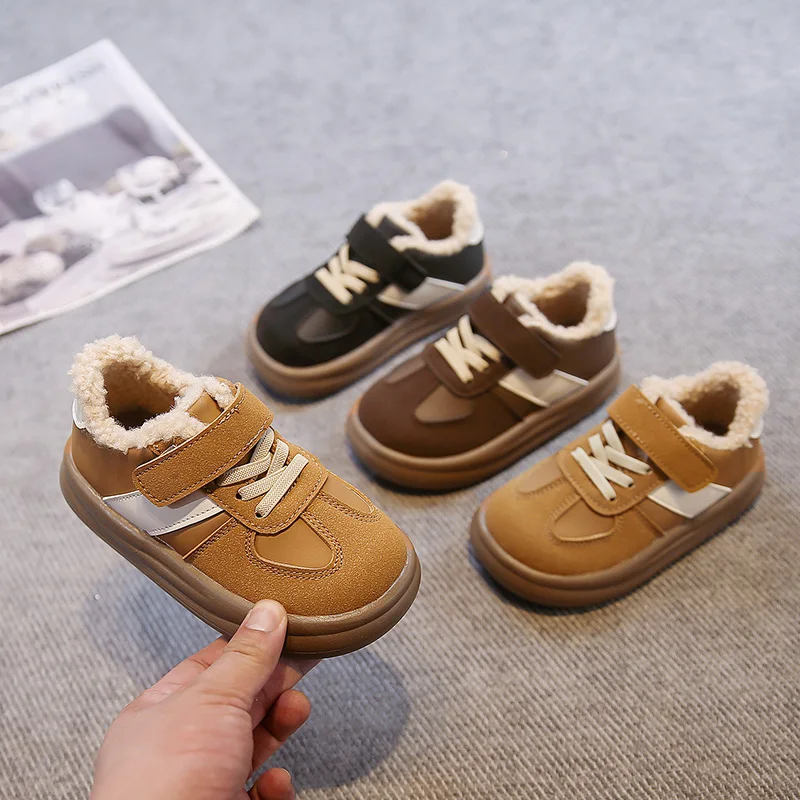 

Плюшевая спортивная обувь для мальчиков, зимние противоскользящие прогулочные туфли на мягкой подошве для девочек, детская повседневная универсальная хлопковая обувь 21–30 лет