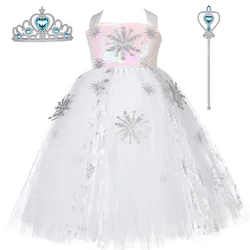 Girls Elsa Dress Tulle Princess Tutu Dress Snowflake Snow Queen Costumes for Kids Halloween Carnival Purim Party Cosplay Dresses