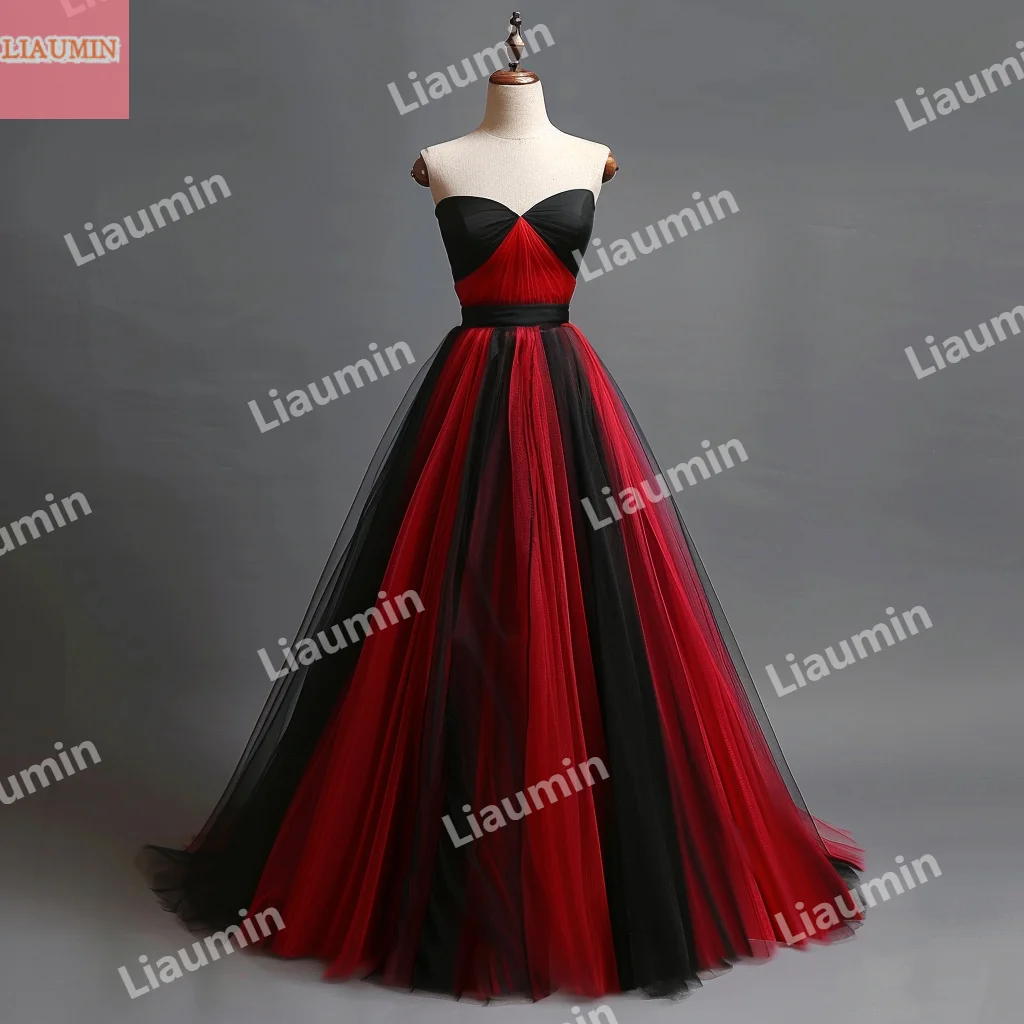 

Custom Hand Made Simple Red Tulle And Black Pleat Lace Up Back Strapless Prom Dress Full Length Evening Formal Clothing W15-51.3