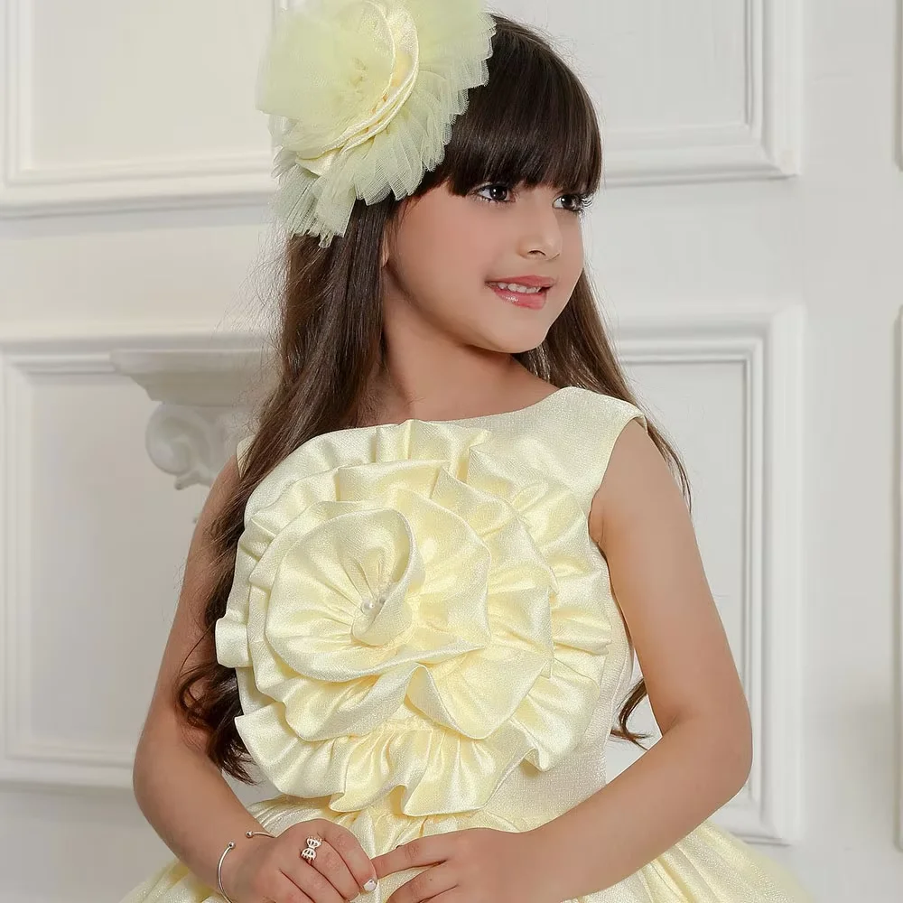 Vestidos de menina de flor amarela bebê para casamento 3d floral na altura do joelho bebê crianças roupa formal para sessão de fotos vestidos de primeira comunhão