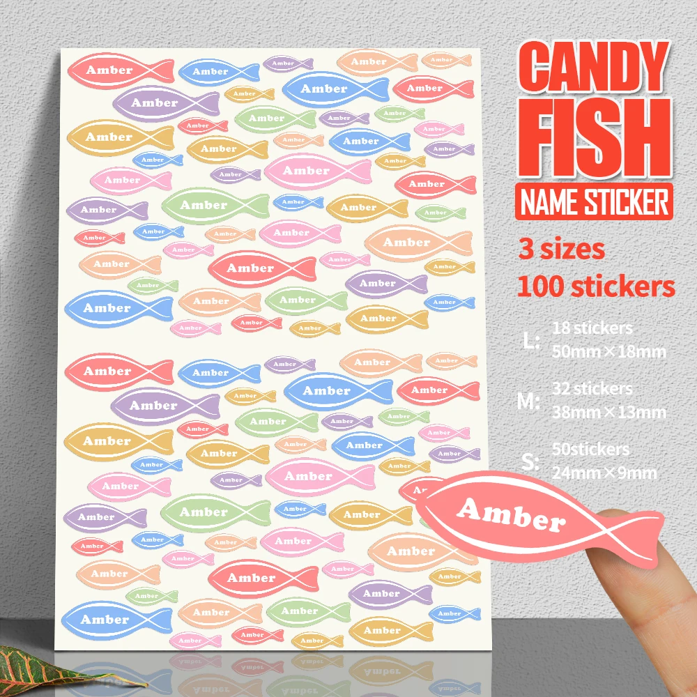 100pcs Waterproof Name Sticker Custom Stationery Decals Personalize First Name Adhesive Label for Children Candy Fish Bottle Tag