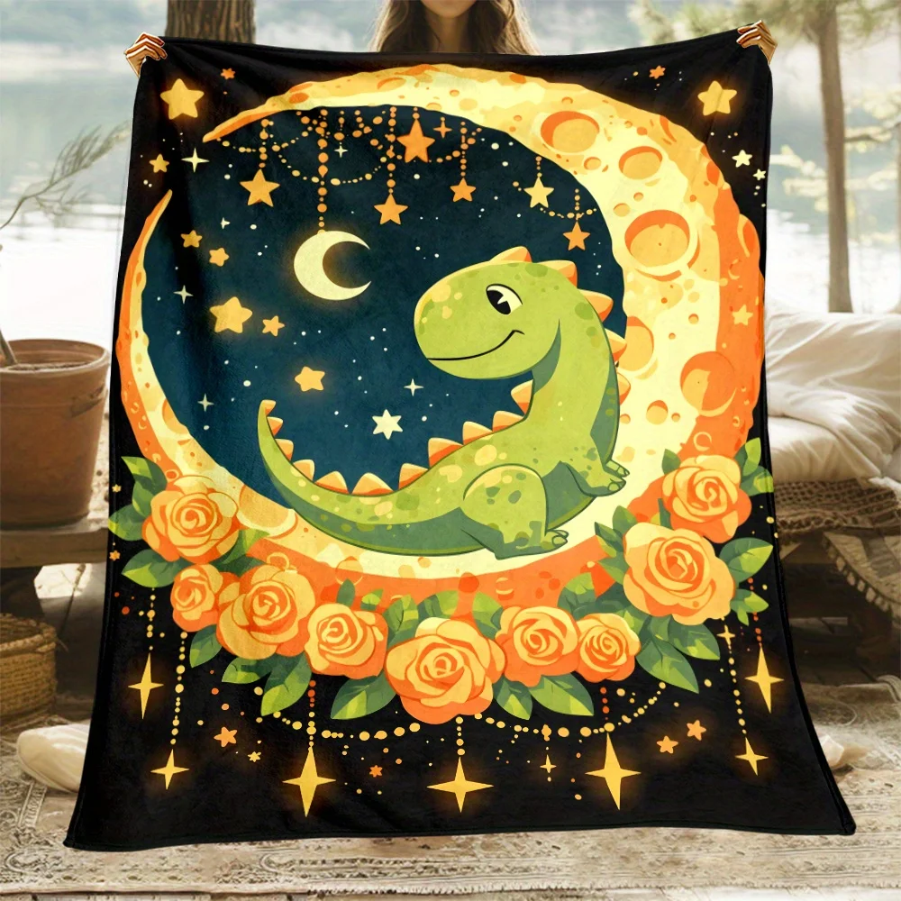 Cute dinosaur on moon with roses stars night sky flannel blanket fantasy animal kids room decor baby gift cozy throw blanket
