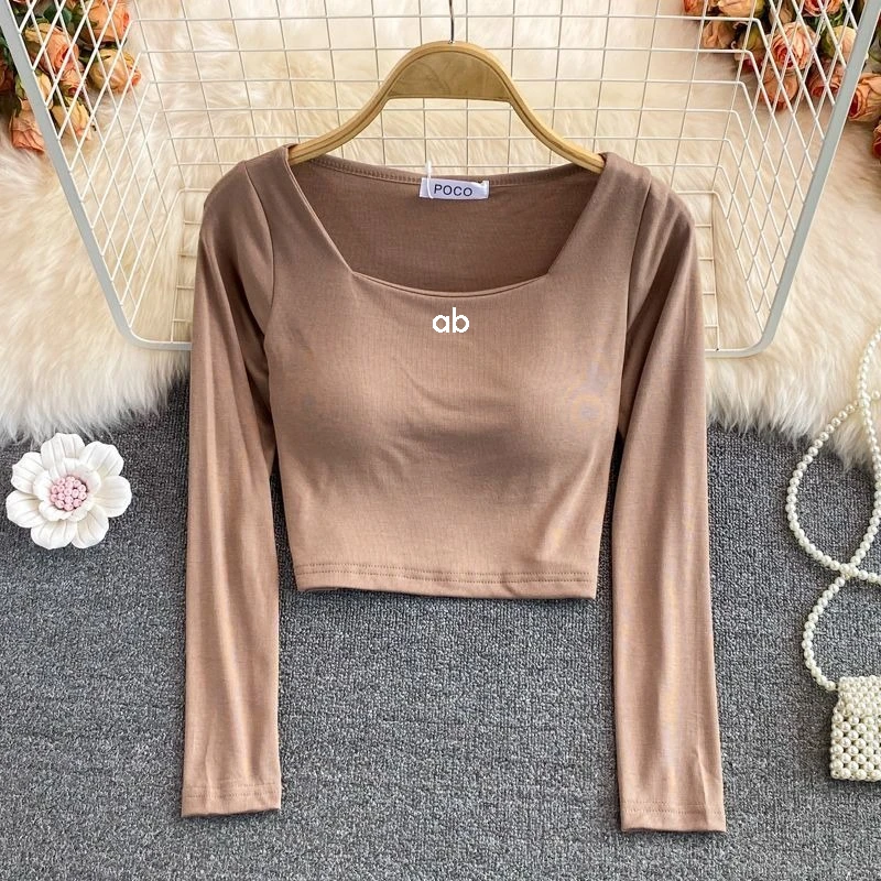 Women Korean Fashion Square Neck Long Sleeve T‑Shirt Built‑In Bra Slim Fit Cropped Casual Autumn Basic Layering Top - view 6