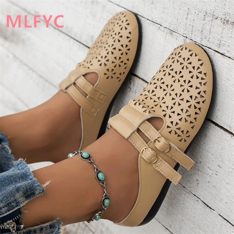 Women Spring Summer New Flat Bottom Hollow Breathable Shoes Fashion Soft Bottom Lazy Man Baotou Slippers Ladies Single Shoes