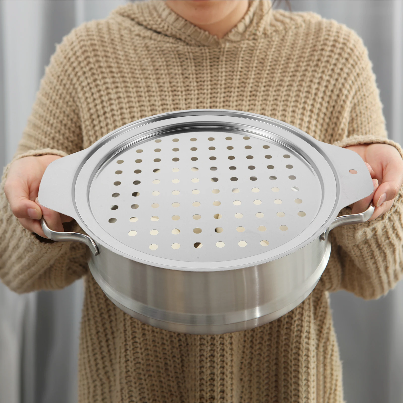 

Stainless Steel Spaetzle Noodle Maker Lid Steamer Tray Dual Handle for Vegetables Meat Seafood Cooking Rack Food