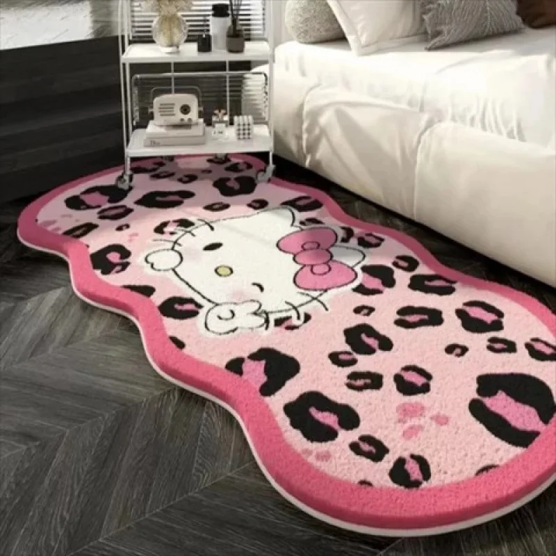 Cute Leopard Print Hello Kitty Fluffy Rug, Cashmere-like Floor Mat, Non-slip Bedroom Bedside Carpet for Girls