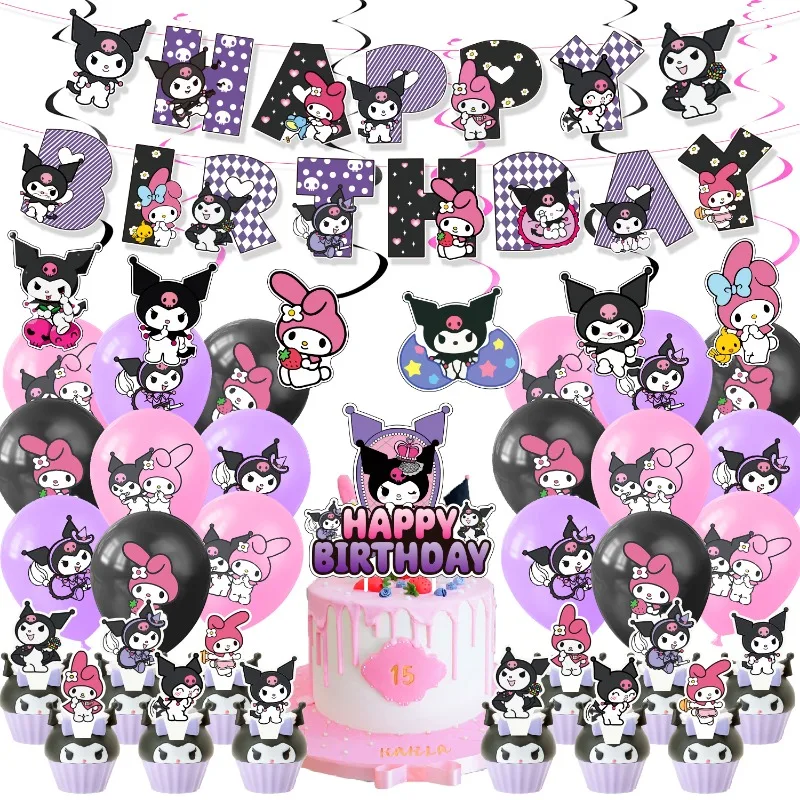 Kuromi dekoracja urodzinowa Sanrio dekoracja ciasta urodzinowy Toppers baner Kuromi balony ozdoby do dekorowania tortu