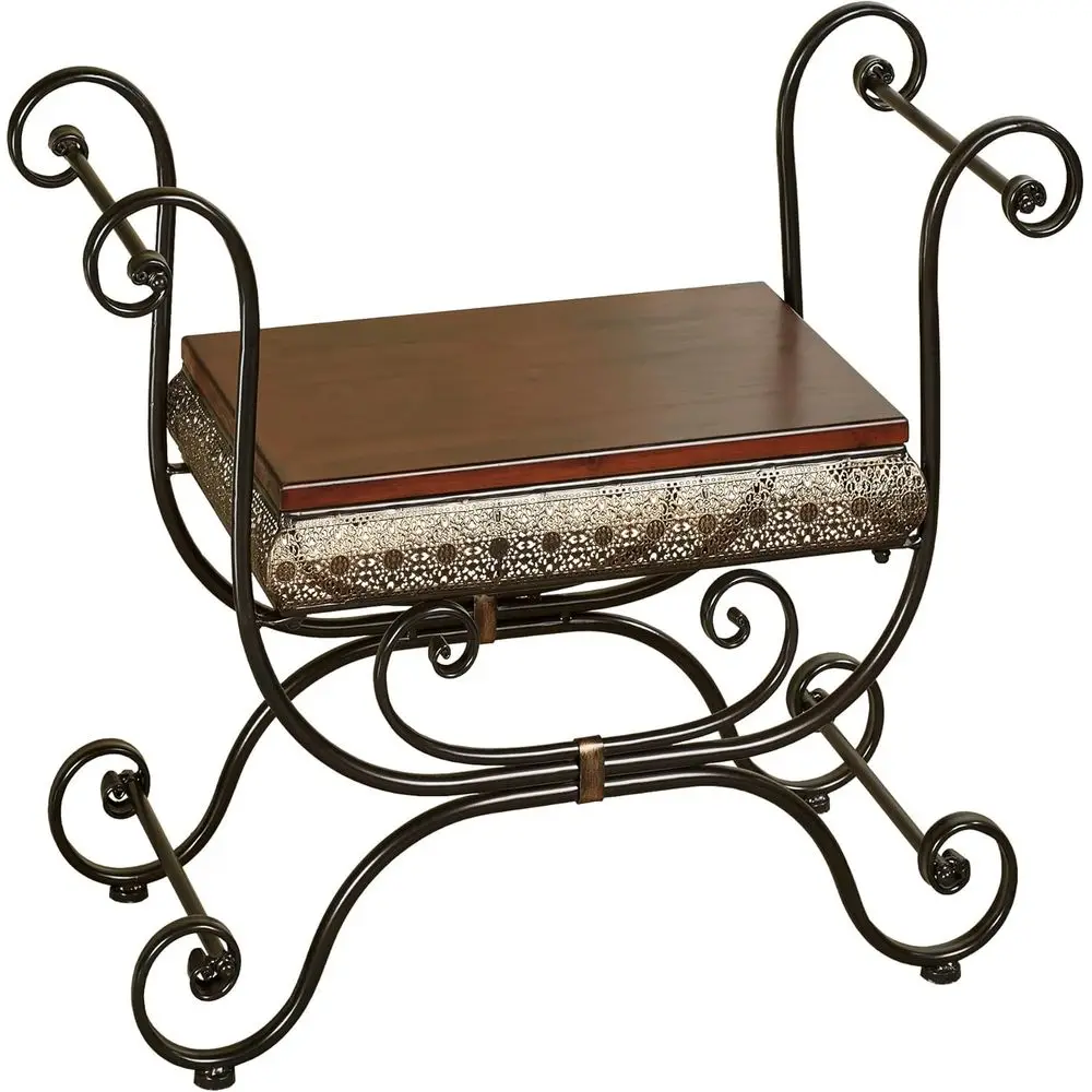Touch o Class Charleston Ornate Openwork Vanity ench Stool ronze | Lace Scrolls with Arms - Metal with Naturally Cherry Wood at