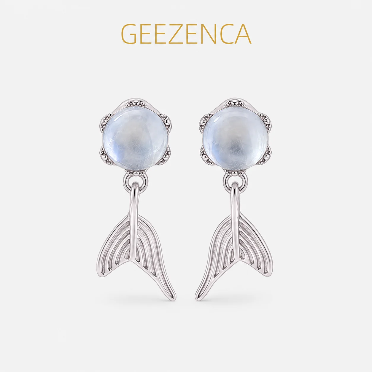 GEEZENCA Blue Round Aquamarine 925 Sterling Silver Cute Fishtail Charm Drop Earrings Women Dainty Lightweight Earring Party Gift