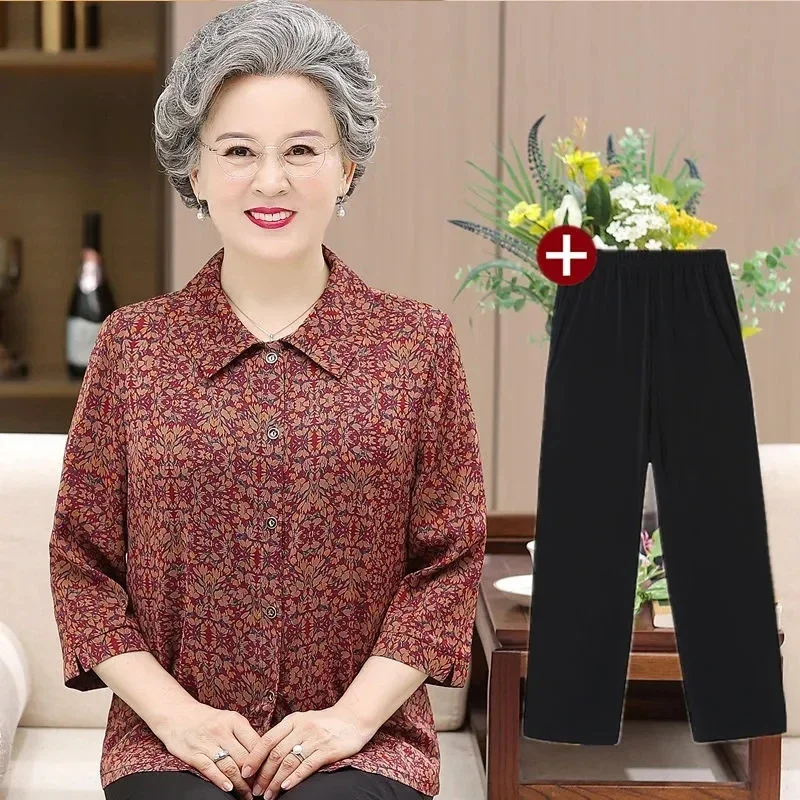

Print Tops Middle-Aged Elderly Mother Summer Pants Suit Grandma Cardigan Blouse Shirt 2 Piece Sets Womens Outfits XL-6XL XQ156