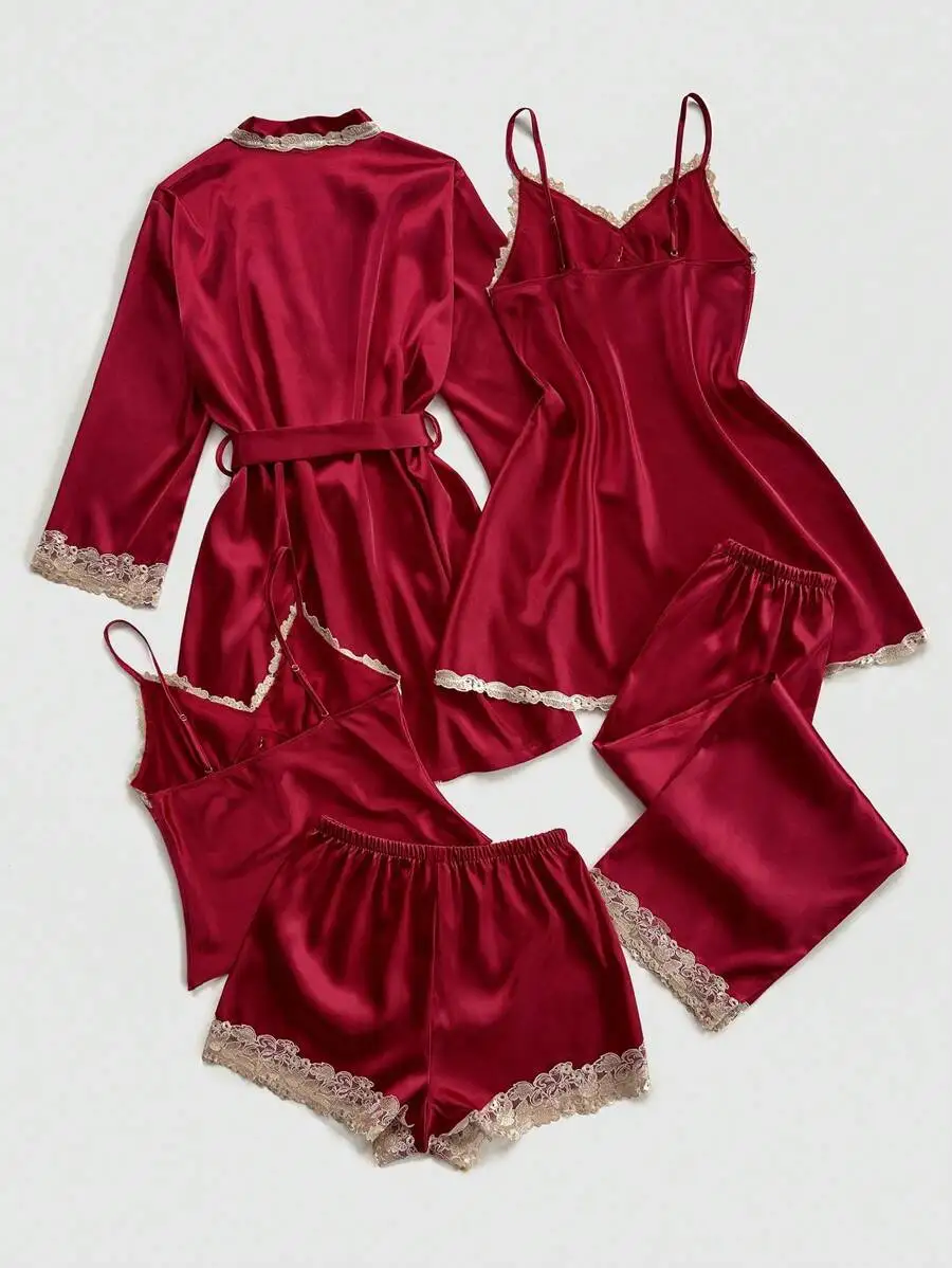

5-Piece Satin Sleepwear Set With Lace Trim Robe Camisole Shorts Pants