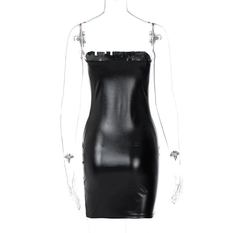 Sexy Faux Leather Dress Club Party Short Dress Solid Black Wet Look Latex Bodycon Push Up Bra Mini Dress