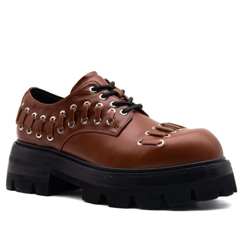Brown and Black Trend Punch-hole Derby Shoes for Men's Thick Sole Dress Shoes Genuine Leather European/American Fashion Footwear