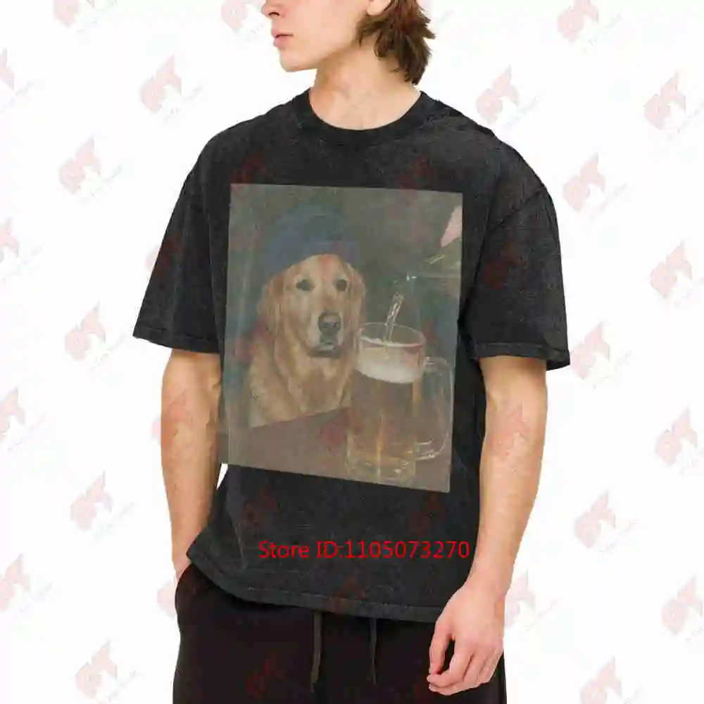 Golden Retriever Drinking Beer Dog Meme Vintage Washed Tee Pure Cotton T-Shirt