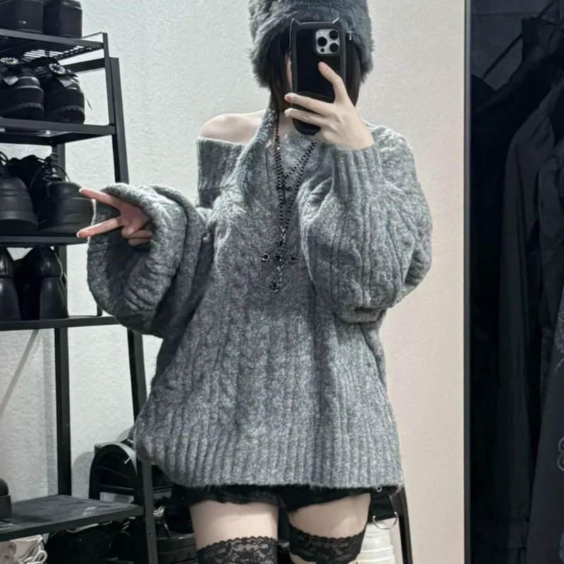 Pullovers Women High Street Autumn Winter Thick Knitted Hot Girls V-neck Off Shoulder Korean Style Loose Ins Ulzzang Solid Gray