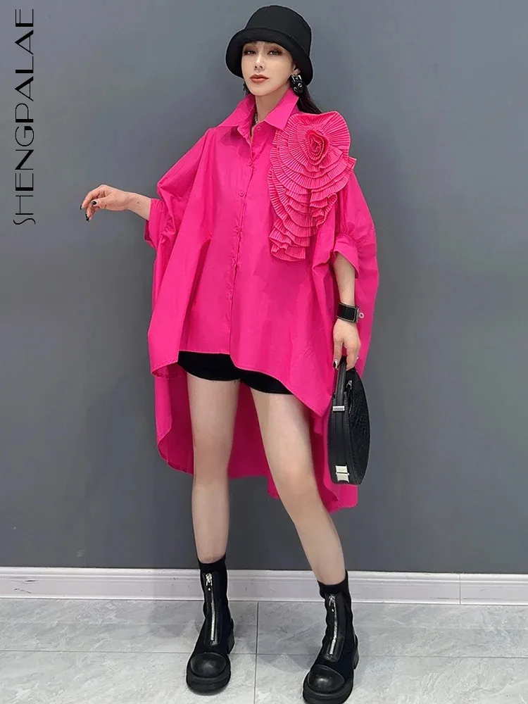 SHENGPALAE 2025 Spring New Long Shirt Irregular Feeling Bat Sleeve 3D Flower Fashion Loose Covering Meat Women's Clothes 5R9750