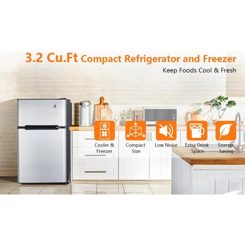 ثلاجة صغيرة 3.2 قدم مكعب مع فريزر، ثلاجة مدمجة ببابين، توفير الطاقة، ثلاجة النوم، حجرة الفريزر المدمجة، ثلاجة