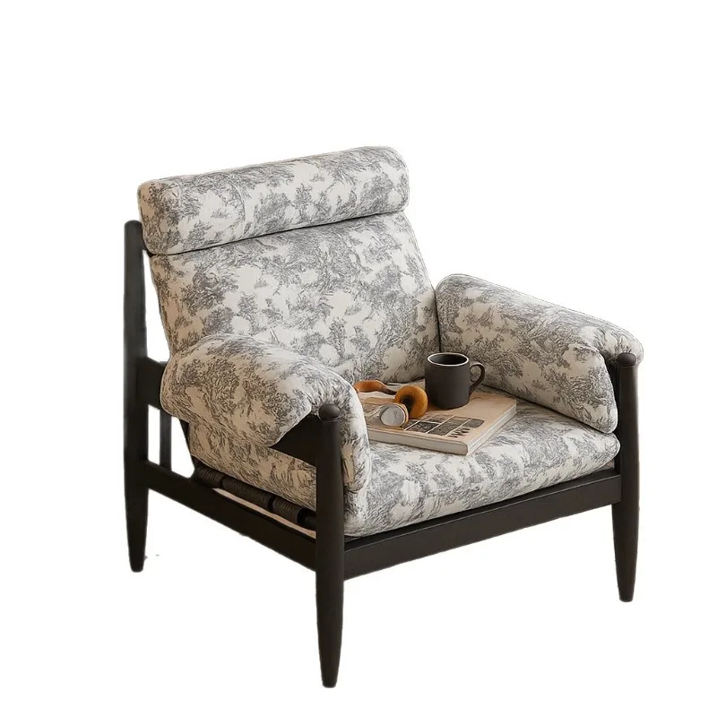 

American retro single sofa chair designer wabi wind solid wood leisure chair living room balcony medieval high back chair