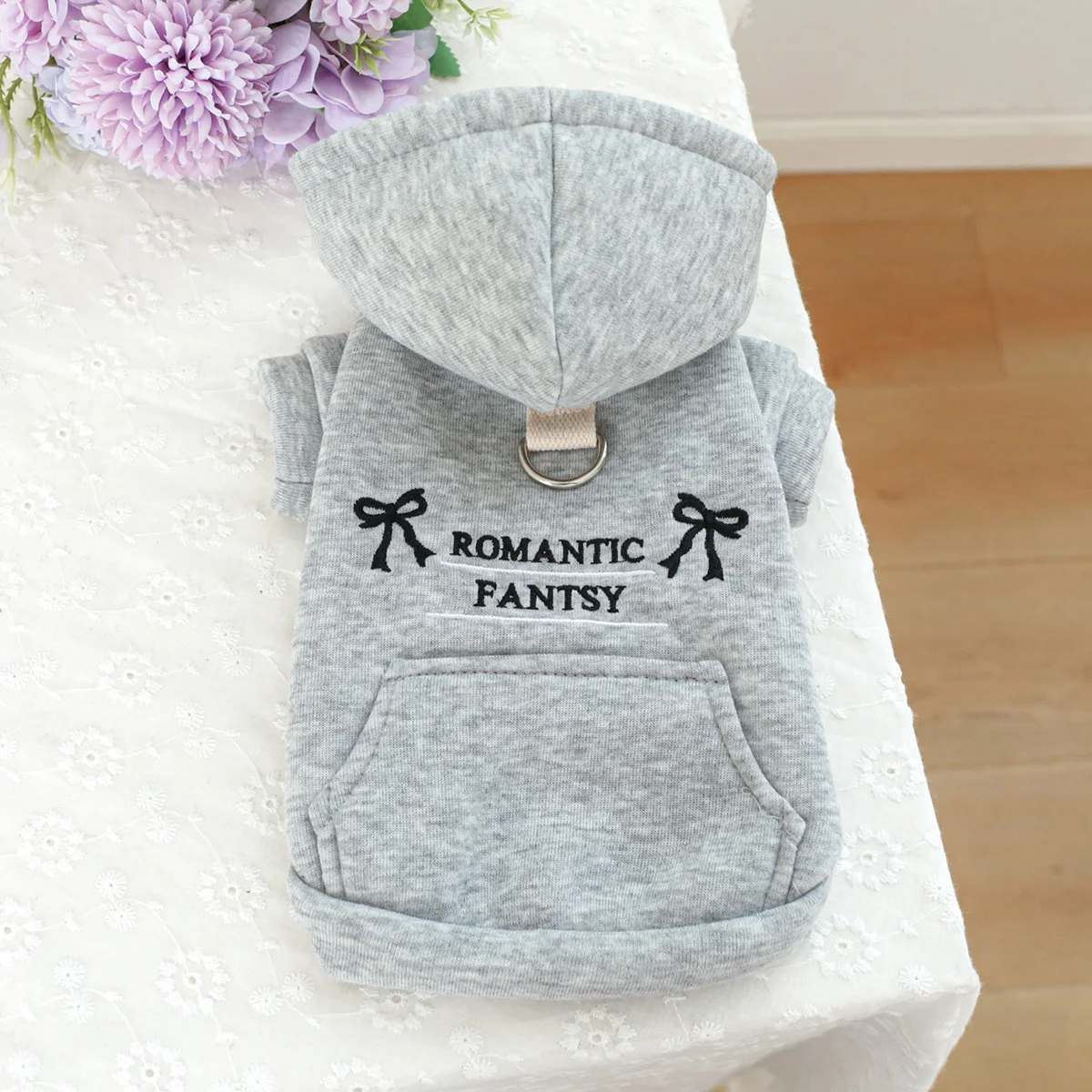 1PC Pet Clothing Spring and Autumn Velvet Grey Hat Bow Pocket Coat Suitable for Small and Medium sized Dogs