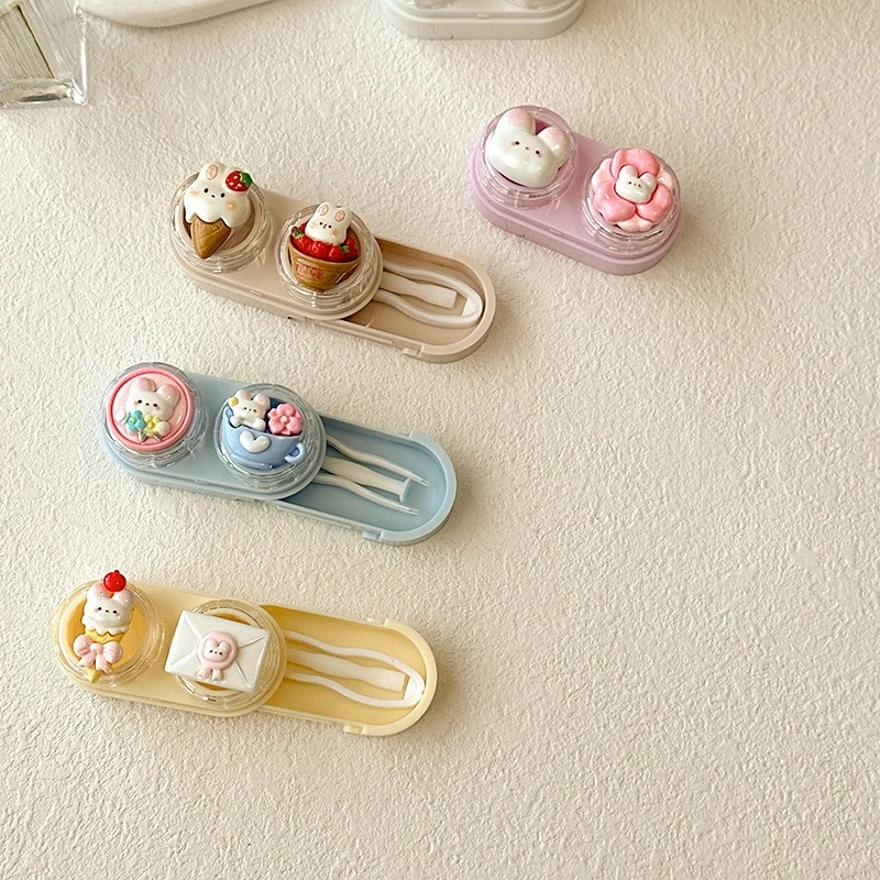 علبة عدسات لاصقة على شكل قطة كرتونية، صندوق عدسات لاصقة صغير محمول مع مجموعة عصا شفط الملقط، تخزين عدسات السفر للنساء والفتيات #2