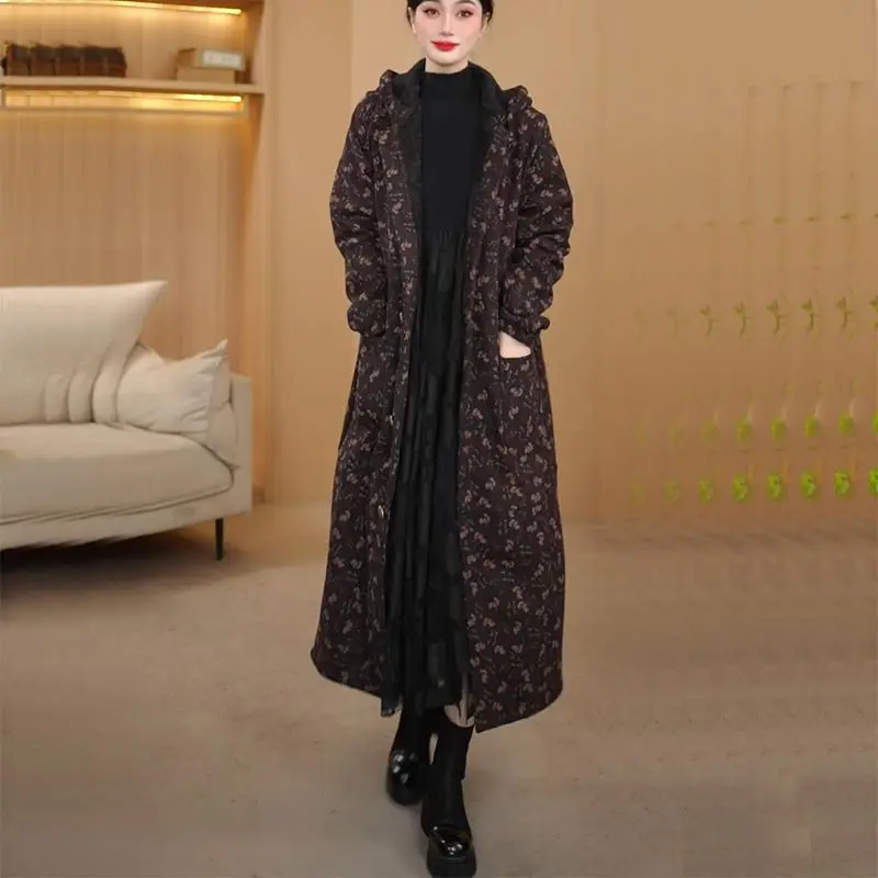 

Толстый и плюшевый плащ с капюшоном и цветочным принтом, осенне-зимний новый женский художественный ретро, теплая повседневная верхняя одежда w1515