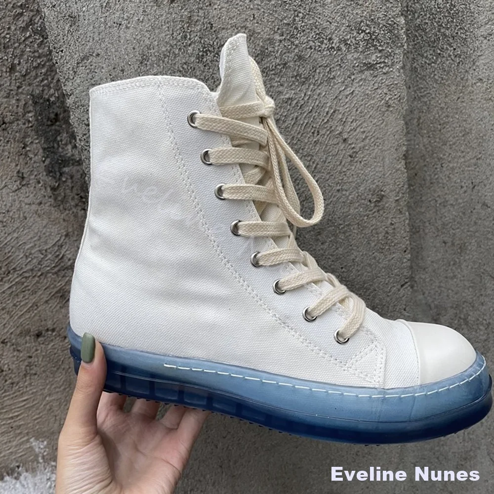 Blue Transparent Platform Sole Canvas Sneakers Round Toe Hip Hop Street Style Casual High‑Top Shoes Athletic Casual Couple Shoes