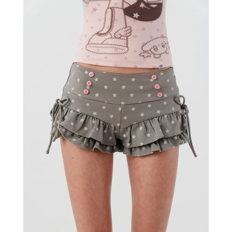 Y2K Star Print Ruffle Layered Mini Shorts Low Waist Button Drawstring Sweet Aesthetic Streetwear Bottom