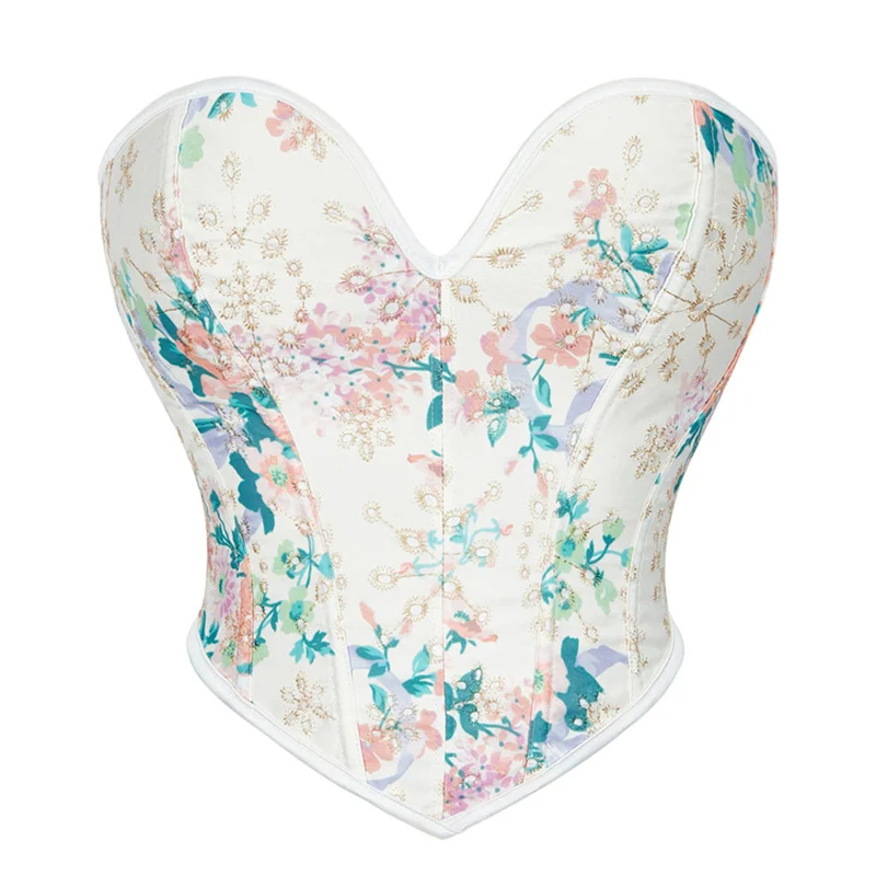 

Stylish Corset with Floral print Embroidery Women's Short Bustier Top Push-up Boned Lace-up White Shapewear Body