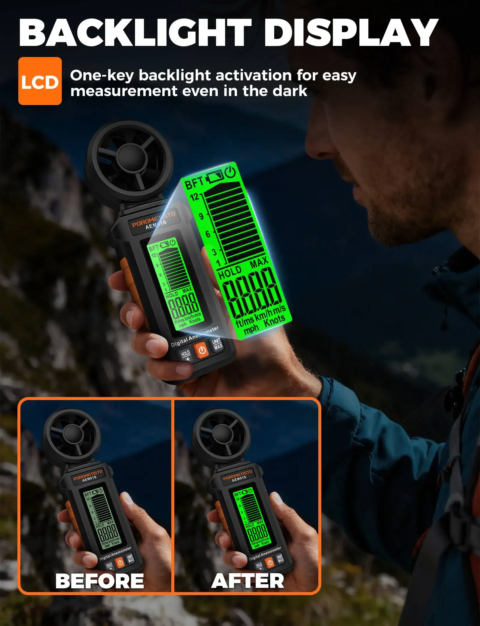 Digitales Anemometer 0,4~30,00 m/s Handgehaltenes Windgeschwindigkeitsmessgerät Luftgeschwindigkeit Luftstromrate mit LCD-Hintergrundbeleuchtung CFM CMM CMS Messwerkzeug – Detail 24