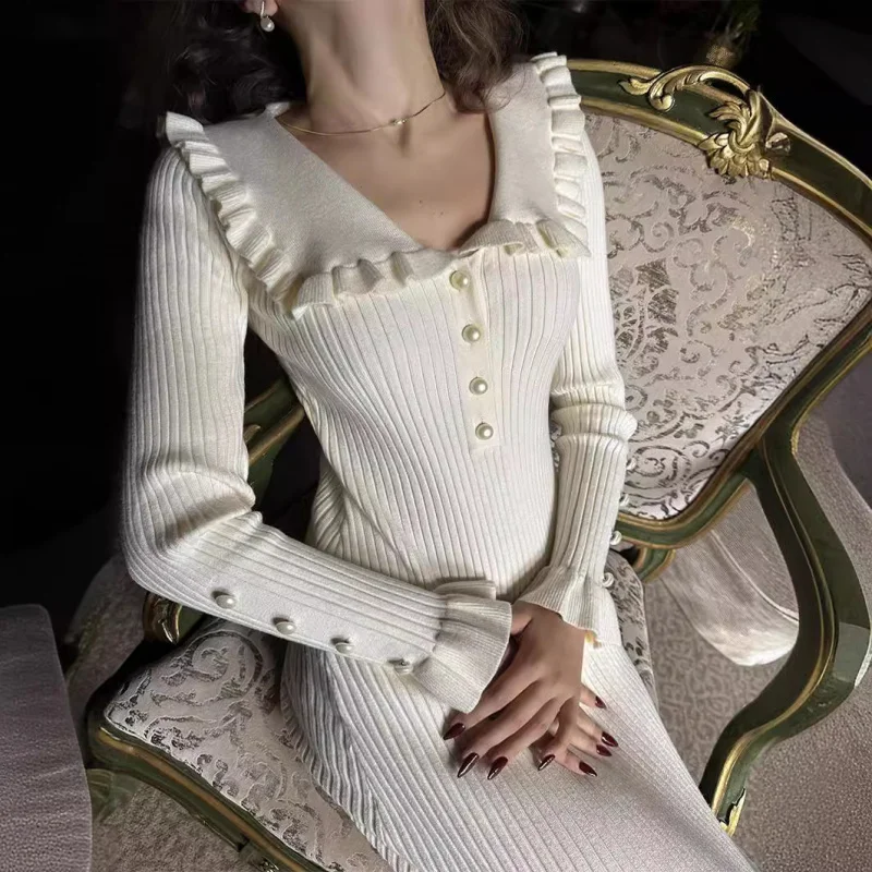 

French Ruffle Dress New Autumn Winter Vintage Pearl Decor Slim Knit Dress Trendy