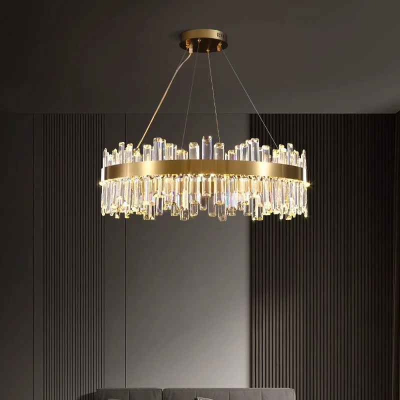 Modern round crystal chandelier in gold, luxury ceiling decoration, suitable for bedroom, dining room, adjustable hanging rope