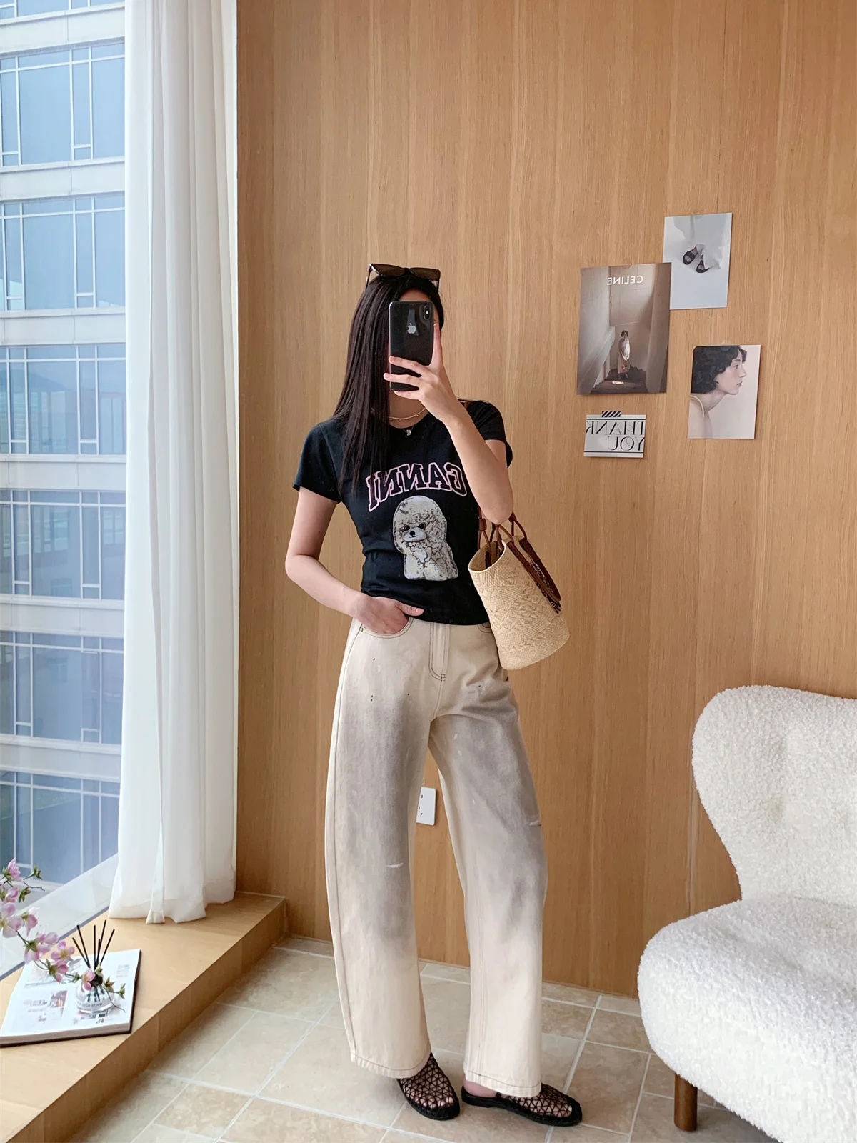 

Washed Gradient Spray Coloring Knife Wide Leg Cotton Denim Pants Natural Waist Zipper for Ladies Spring Season