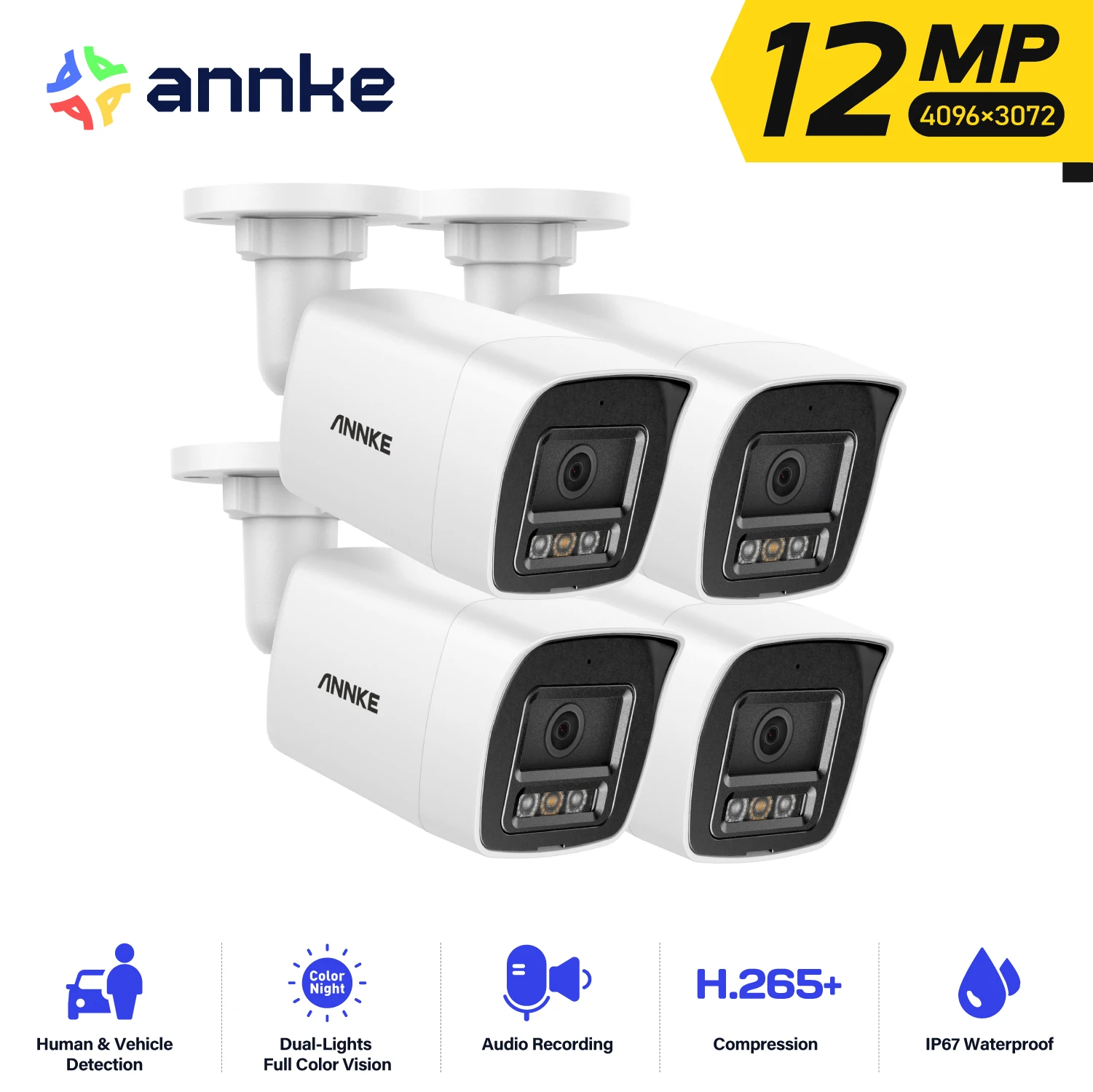 ANNKE 4PCS 12MP Outdoor Smart Dual Light PoE Security Camera Color IR Night Vision Built-in Microphone IP67 Smart Home H.265+