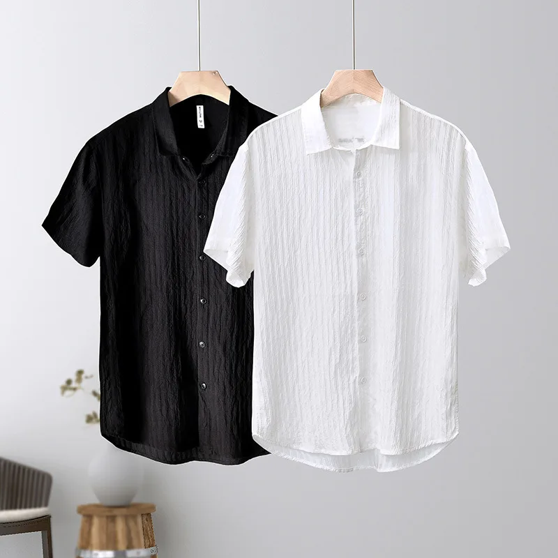 

L1003 Summer Men White Shirts Simple Solid Color Breathable Casual High Quality Cotton Lapel Short Sleeve Handsome Male Tops